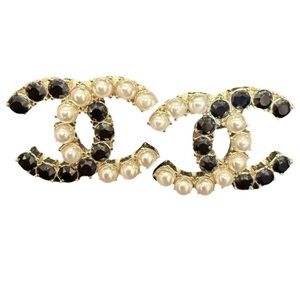 CHANEL Gold, Black Crystals and Pearls Earrings